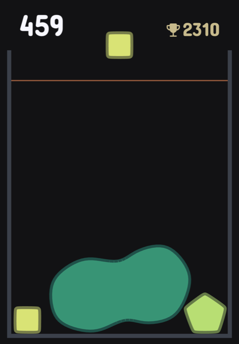 Jellygon screenshot: two jelly pieces caught mid-fusion as a single peanut-shaped blob inside the cup